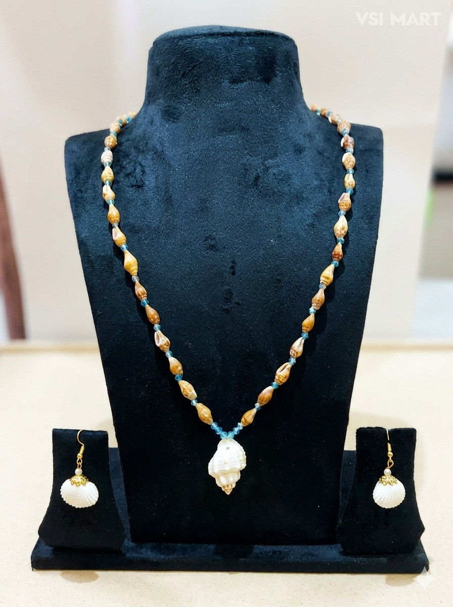 Real Sand Colour Chank Blue Kristal Mala With Seashells Earrings