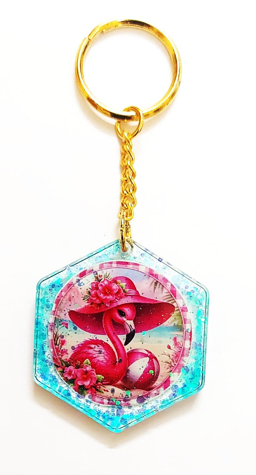 Resin Flamingo Hexagon Shape Keychain