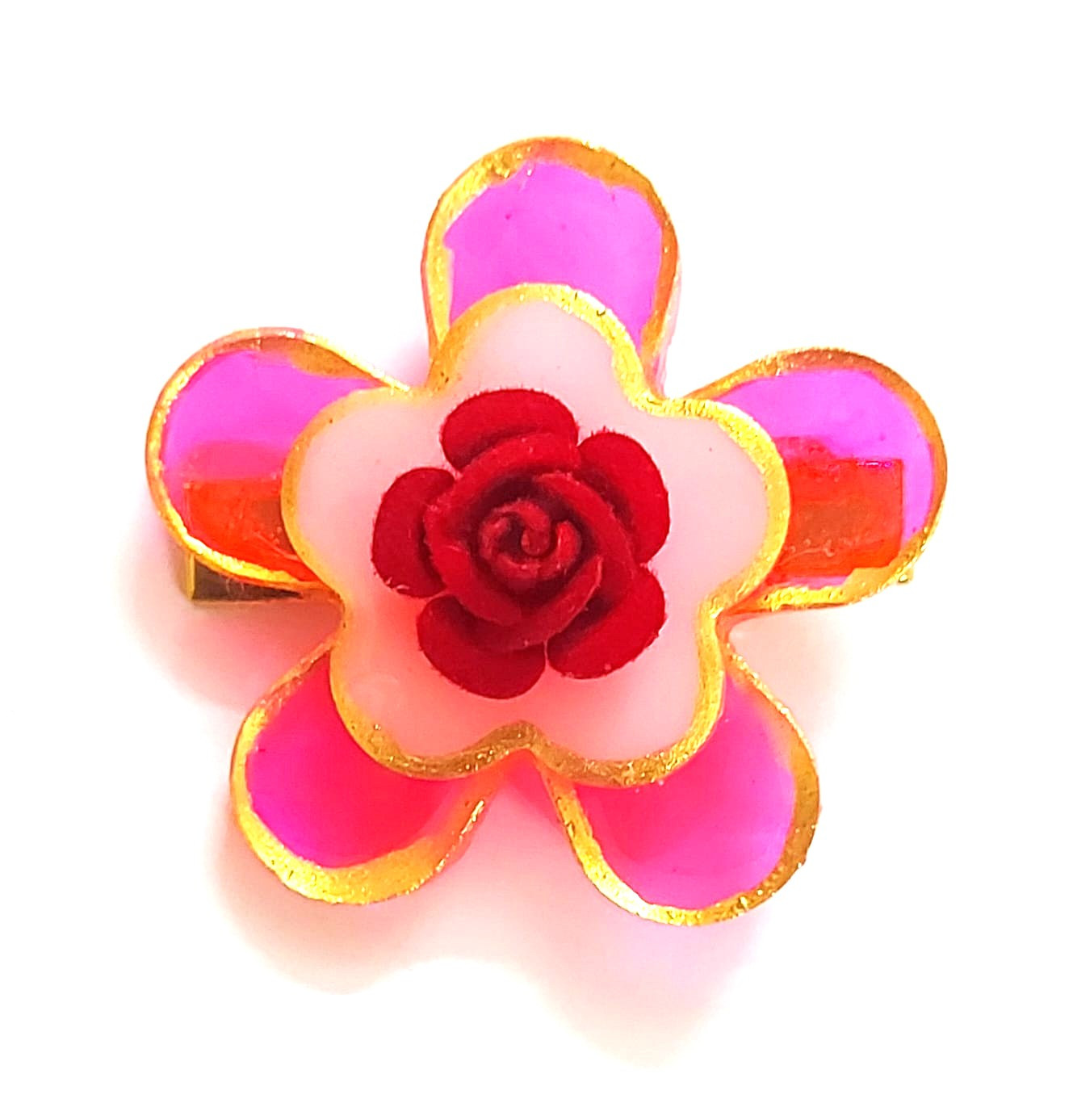 3 Layer Pink Resin Flower Metal Hair Clip