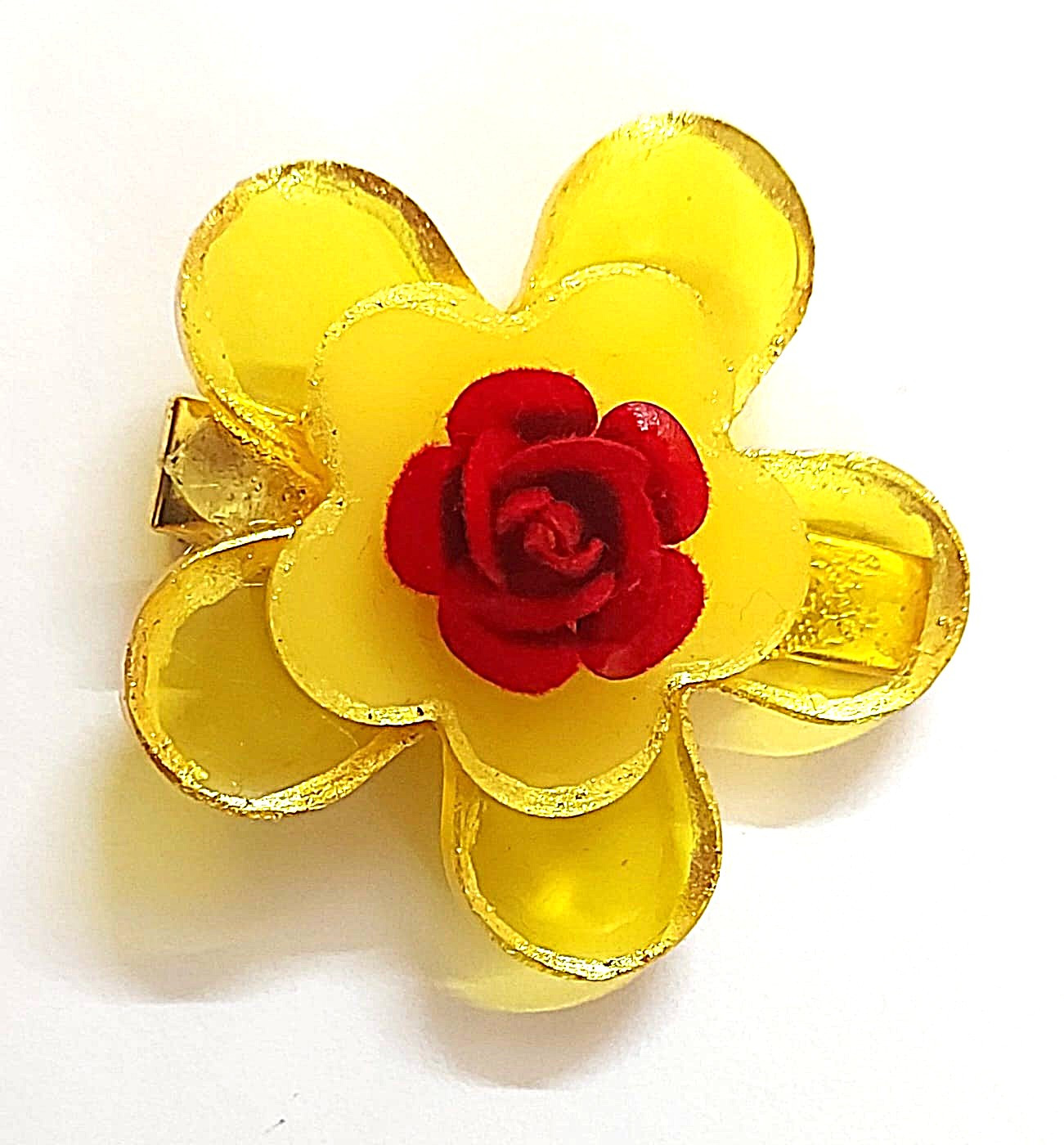 3 Layer Golden Yellow Resin Flower Metal Hair Clip