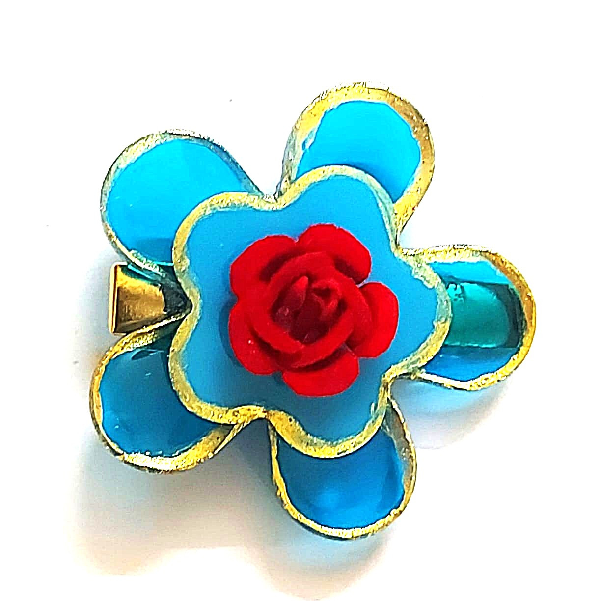 3 Layer Blue Resin Flower Metal Hair Clips