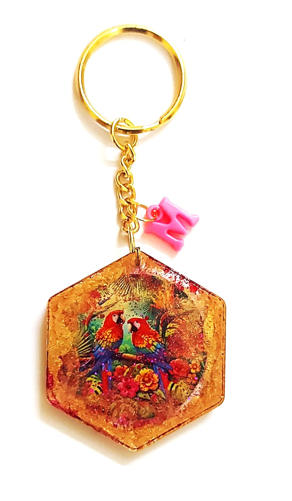 Resin Macaw Print Hexagon Shape Keychain with Little Charms