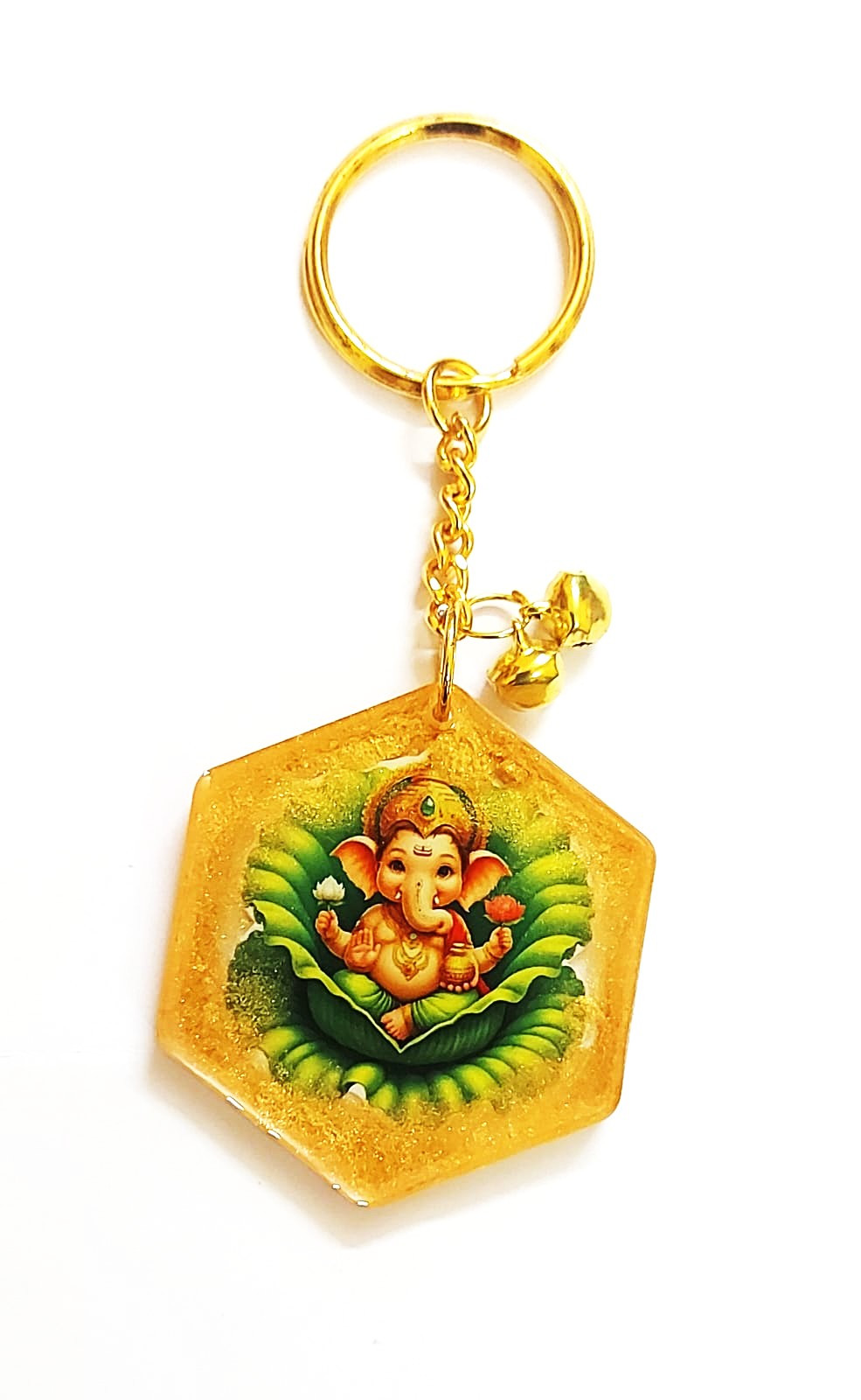 Resin Sparkling Gold Hexagon Shape Keychain