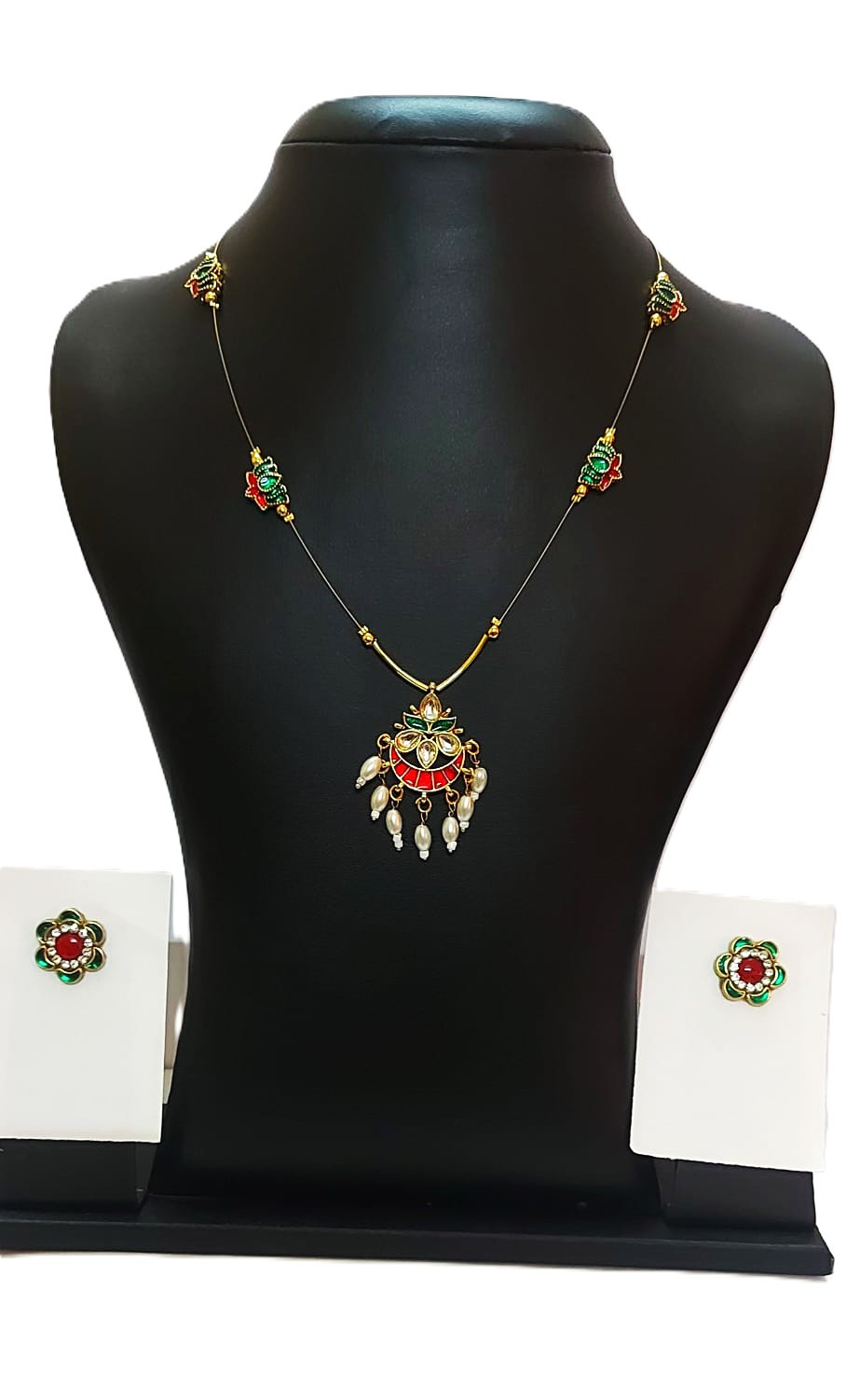 Gold Plated Enamel Pendent Necklace  & Stud Earrings (1Set)