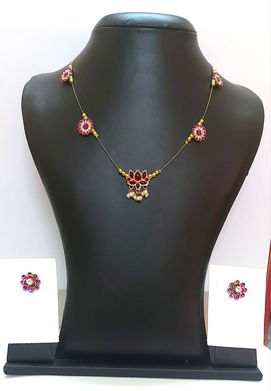 Lotus Ruby Colour Stone Pendent Invisible Necklace with Stud Earrings (1Set)