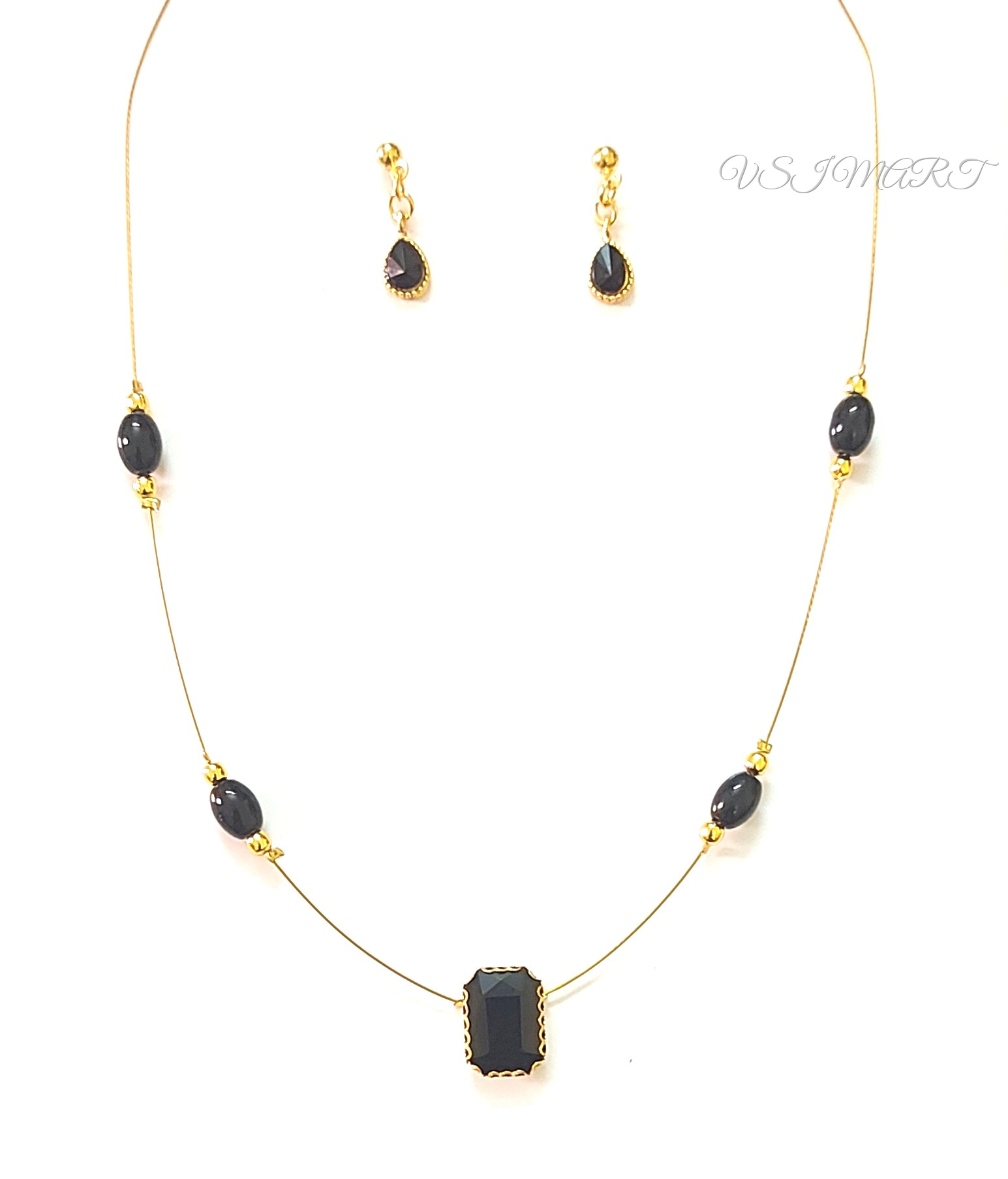 Stunning Black Color Stone Pendent Invisible Necklace with Stud Drops Earrings (1Set)