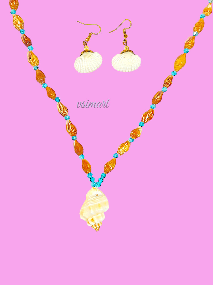 Real Sand Colour Chank Blue Kristal Mala With Seashells Earrings