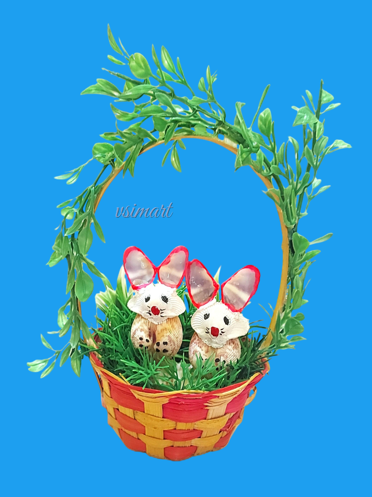 Natural Seashells Handmade Rabbit Couple with Wooden Basket Idol Gift