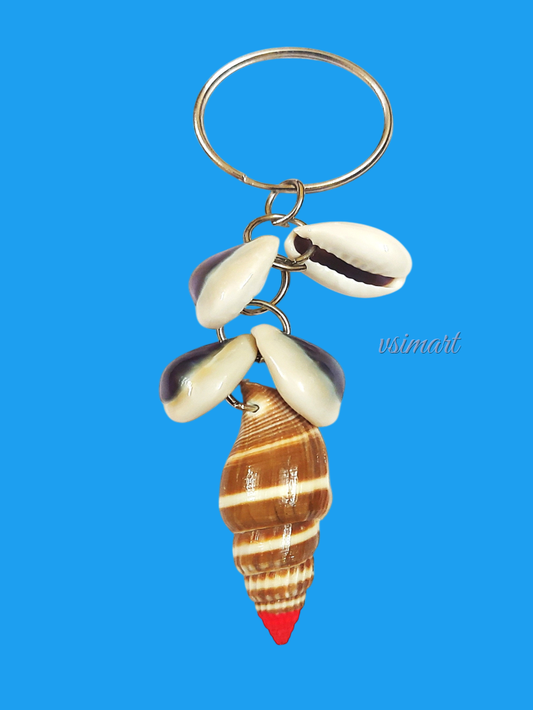 Natural Tall Chank & Rare Variety Cowrie Shells Keychain