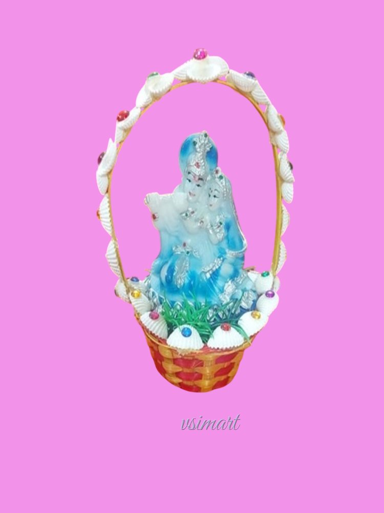 Pure White Natural Seashells Flowers with Radha Krishna Idol Basket
