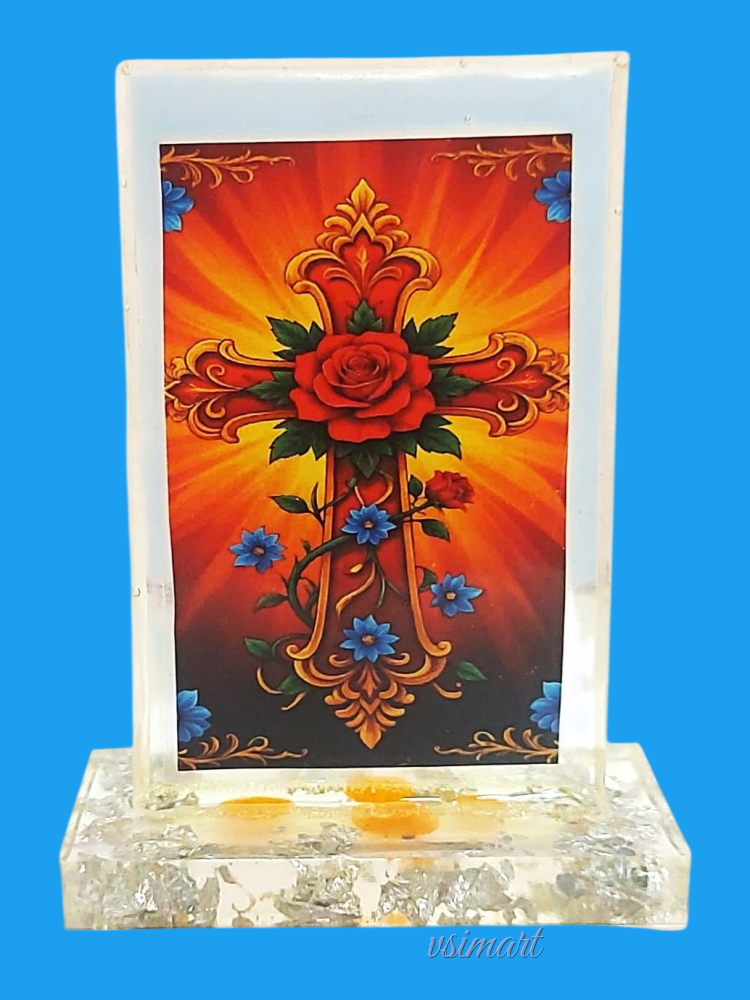 Premium Quality Cross Photo Christian Religious Resin Kristal Clear Glass Finish Car Dashboard, Home, Office Decor
