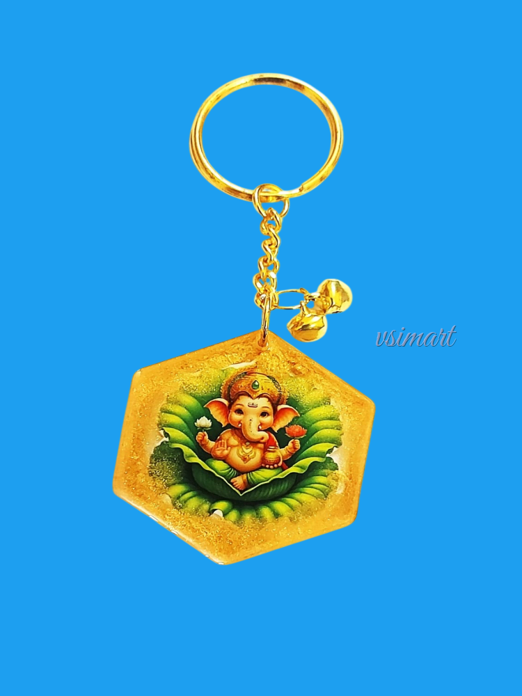 Resin Sparkling Gold Hexagon Shape Crystal Clear Glassy Finish Keychain