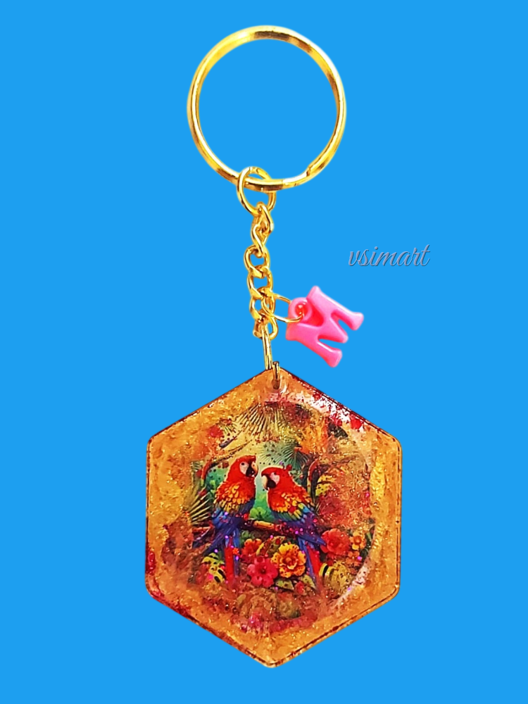 Resin Macaw Print Hexagon Shape Crystal Clear Glassy Finish Keychain with Little Charms