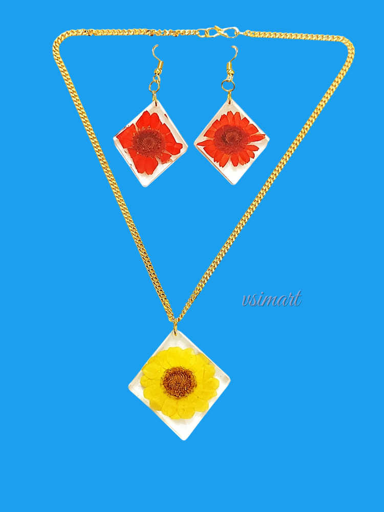Resin Imported Flower Pendent  Clear Glassy Finish Chain with Earrings 1 Set