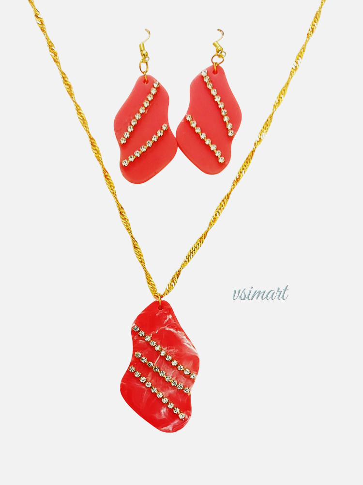 Resin Pink Modern Shape Pendent Chain with Earrings 1Set