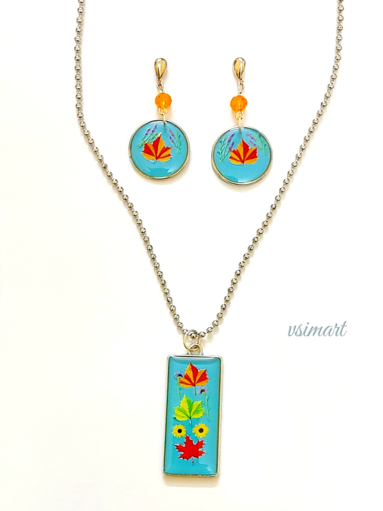 Resin Pendant Silver Plated Chain and Drop Stud Earrings (1Set)
