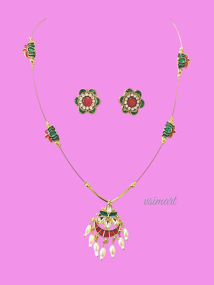 Gold Plated Enamel Pendent Necklace  & Stud Earrings (1Set)
