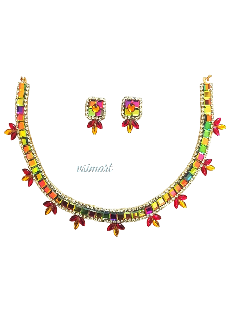 Multi Colour Stone Necklace with Stud Earrings (1Set)