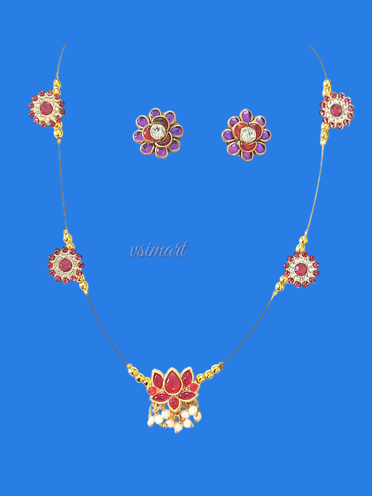 Lotus Ruby Colour Stone Pendent Invisible Necklace with Stud Earrings (1Set)