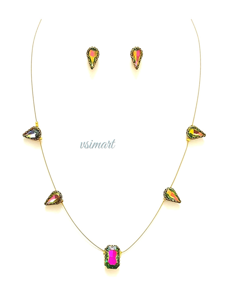 Multi Color Stone Invisible Necklace with Stud Earrings (1Set)
