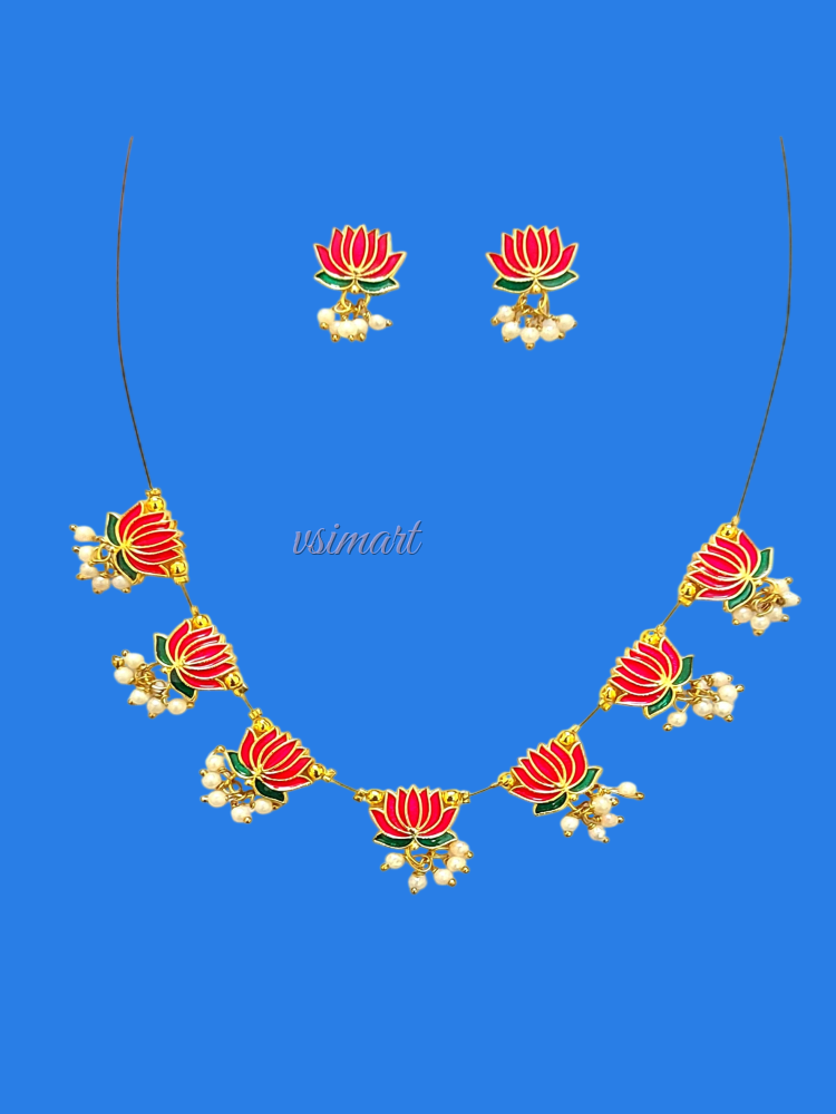 Red Lotus Invisible Necklace with Stud Earrings (1Set)