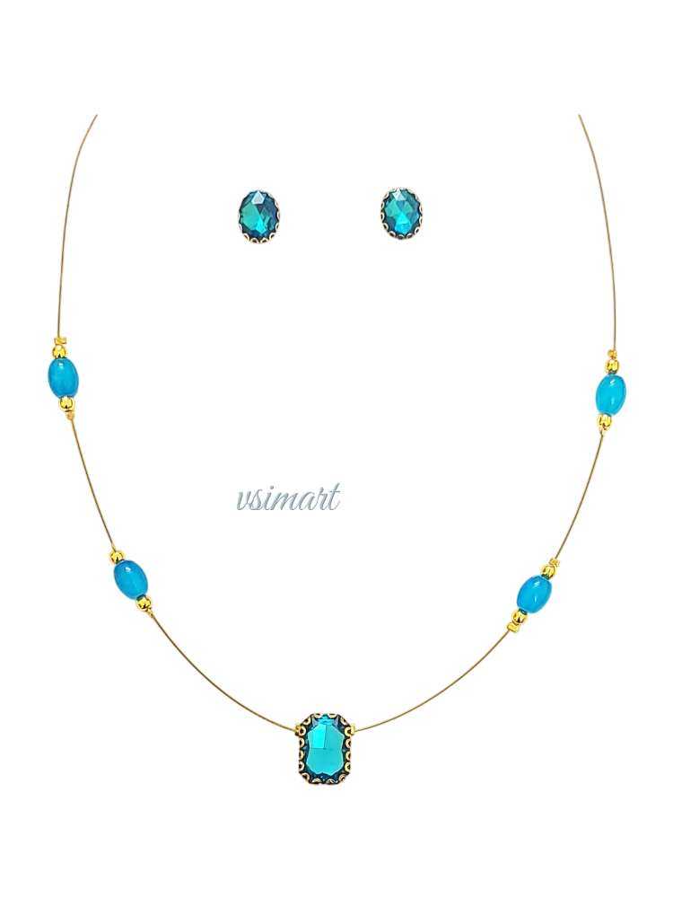 Blue Color Stone Pendent Invisible Necklace with Aquamarine Blue Color Diamond Cutting Ovel Stone Stud Earrings (1Set)