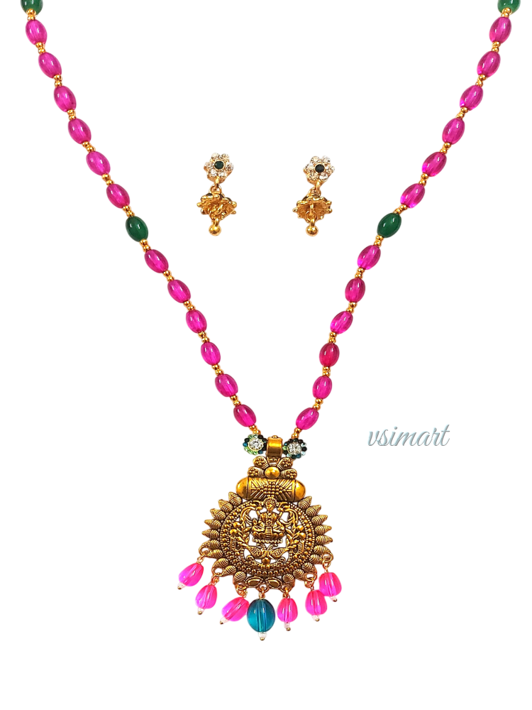 Rani Pink Long Haram With Antique Jhumki Earrings for Women Bridal Party Wear Jewellery Set