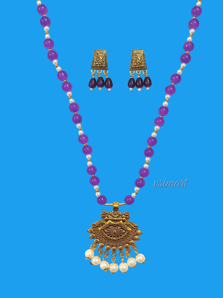 Purple Pearl Long Haram With Antique Stud Earrings for Women Bridal Party Wear Jewellery Set