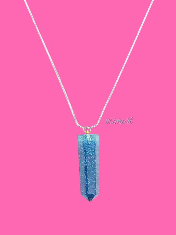 Resin Glitter Blue Aura Point Pendant with Silver Plated Chain